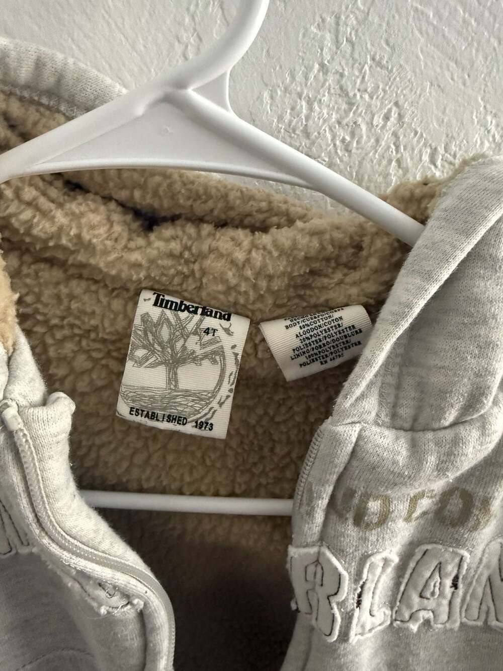 Timberland Sherpa Lined Zip-Up Hoodie Grey Toddler Size 4T - Picture 3 of 4